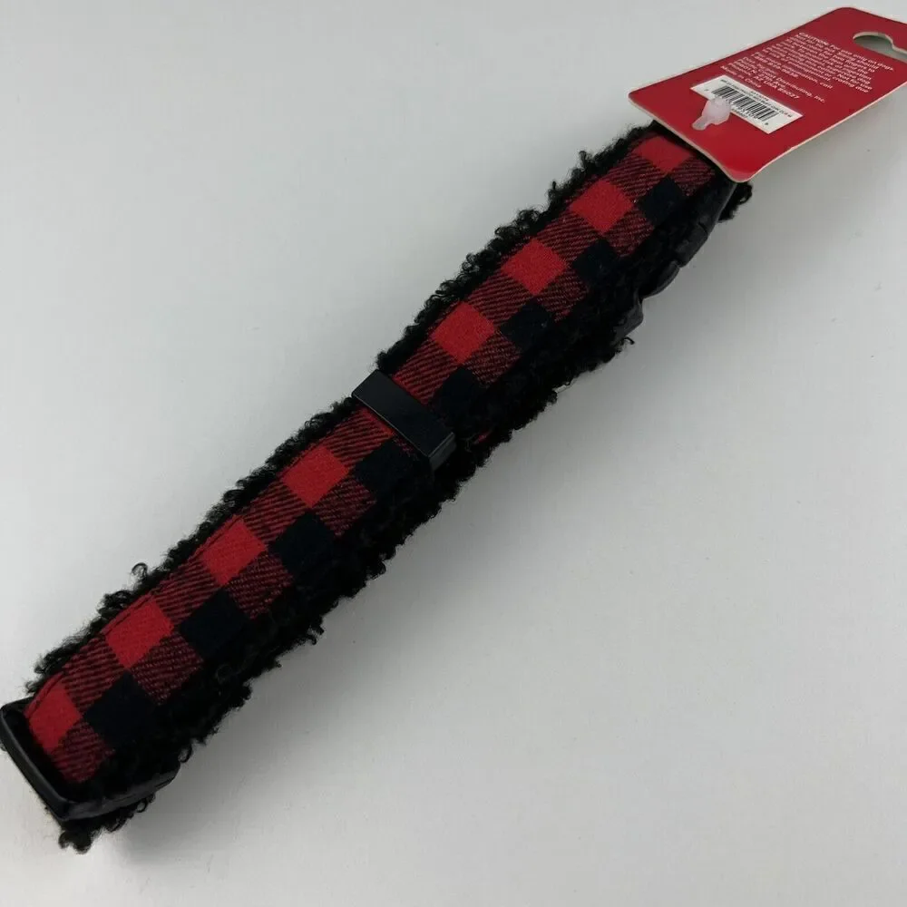 Merry & Bright Adjustable Holiday Themed Dog Collar.  Red & Black Plaid Size M